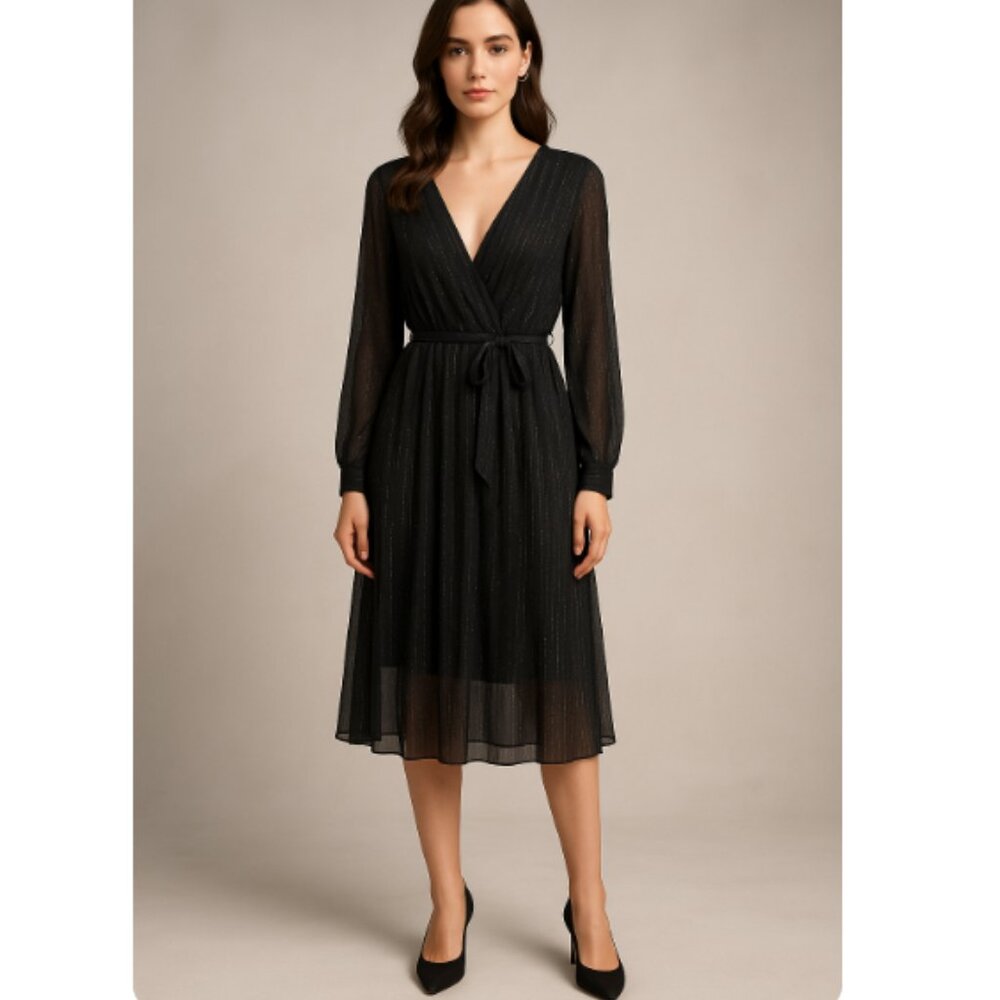 Black Sheer Sparkle Midi Dress with Belt and Long Sleeves Size: M